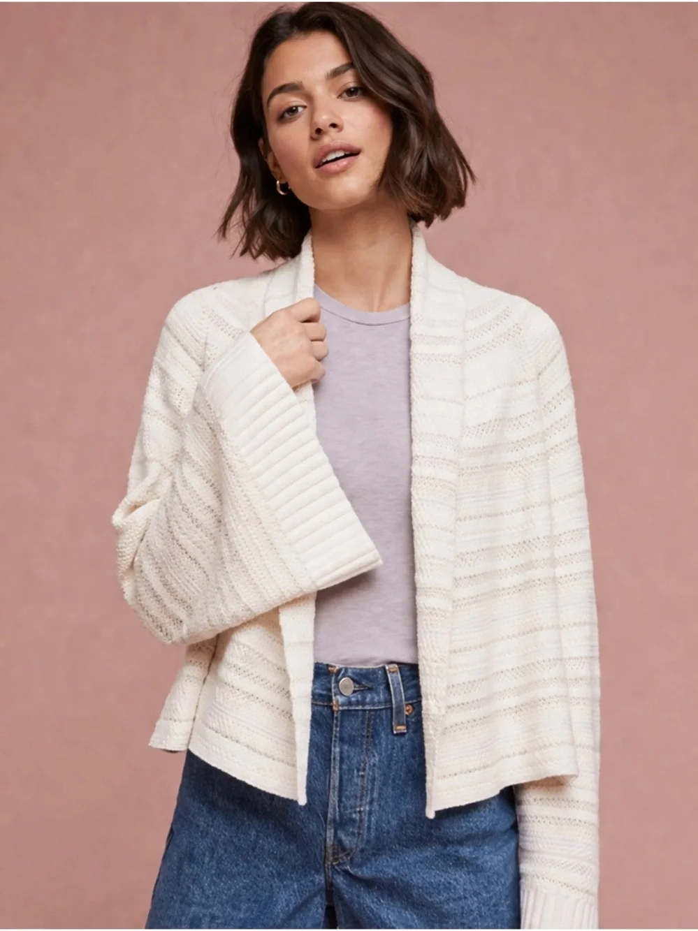 Anthropologie Moth Open Front Cardigan Sweater Beige Tan Textured Knit Size S